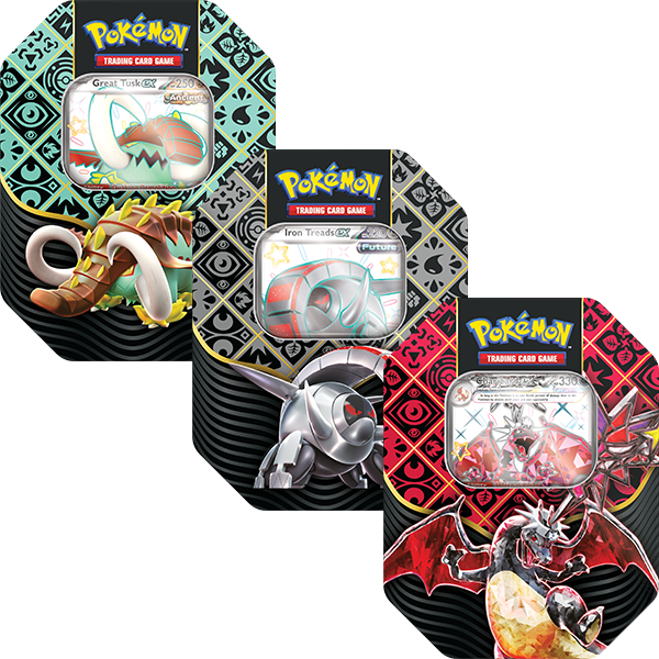 *Pre-order* Pokémon TCG: Scarlet & Violet 4.5 Paldean Fates Tin – Great Tusk/Iron Treads/ Charizard